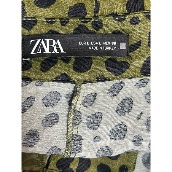 Zara Large Satin Flowy Animal Leopard Cheetah Kelly Green Wide Leg Trousers - Picture 11 of 13